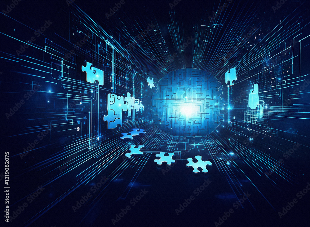 Leinwandbilder a glowing sphere at the heart of a complex digital network, surrounded by puzzle pieces, symbolizes 