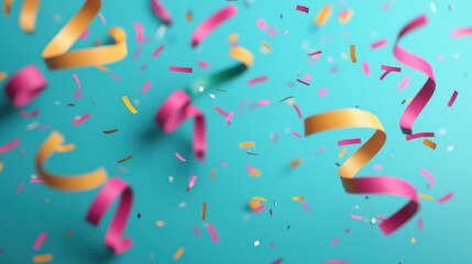 Colorful confetti and ribbons fall against a turquoise background, creating a festive and celebratory atmosphere.
