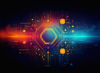 Abstract digital artwork featuring vibrant, multicolored circuitry converging on a central octagon.  The design evokes themes of technology, connectivity, and data flow.