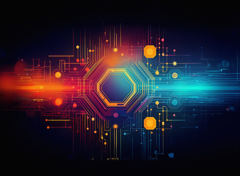 Abstract digital artwork featuring vibrant, multicolored circuitry converging on a central octagon. The design evokes themes of technology, connectivity, and data flow.