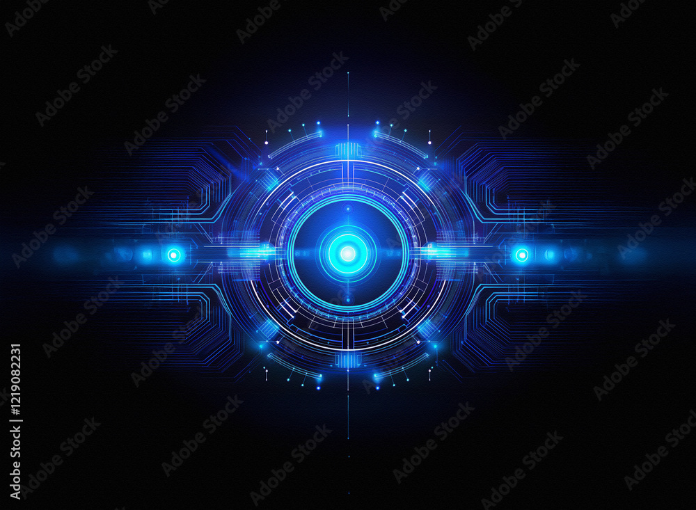 Poster Abstract digital artwork depicting a glowing blue futuristic technology interface.  Circular design with intricate circuitry and bright light effects on dark background.
