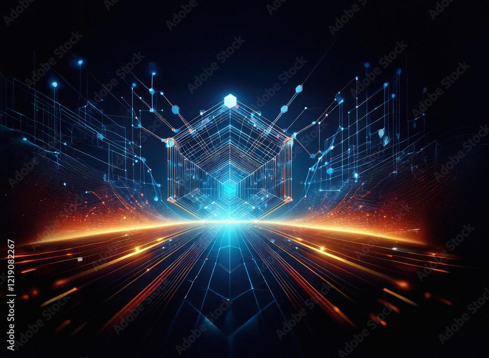 Aufkleber Abstract digital art depicting a futuristic, glowing cityscape with interconnected lines and nodes forming a three-dimensional structure.  The scene is rendered in vibrant blue, orange, and dark tones