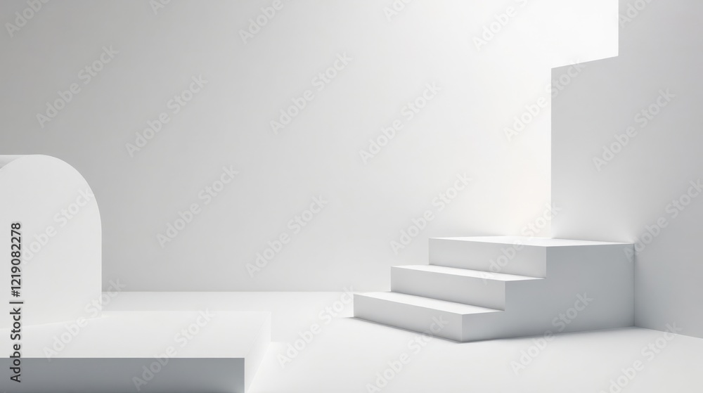 Poster minimalist white architectural scene with step platform and curved element