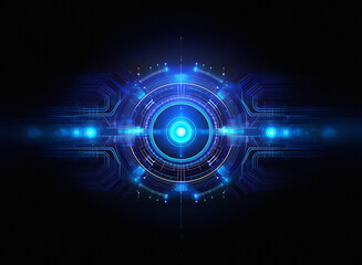 Abstract digital artwork depicting a glowing blue futuristic technology interface.  Circular design with intricate circuitry and bright light effects on dark background.