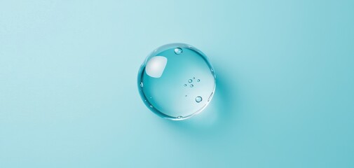 A clear water droplet rests on a soft blue background, showcasing reflections and bubbles, embodying purity and tranquility.