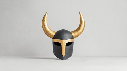 Fototapeta premium Black Viking Helmet with Golden Accents and Prominent Horns for Historical or Fantasy Themes