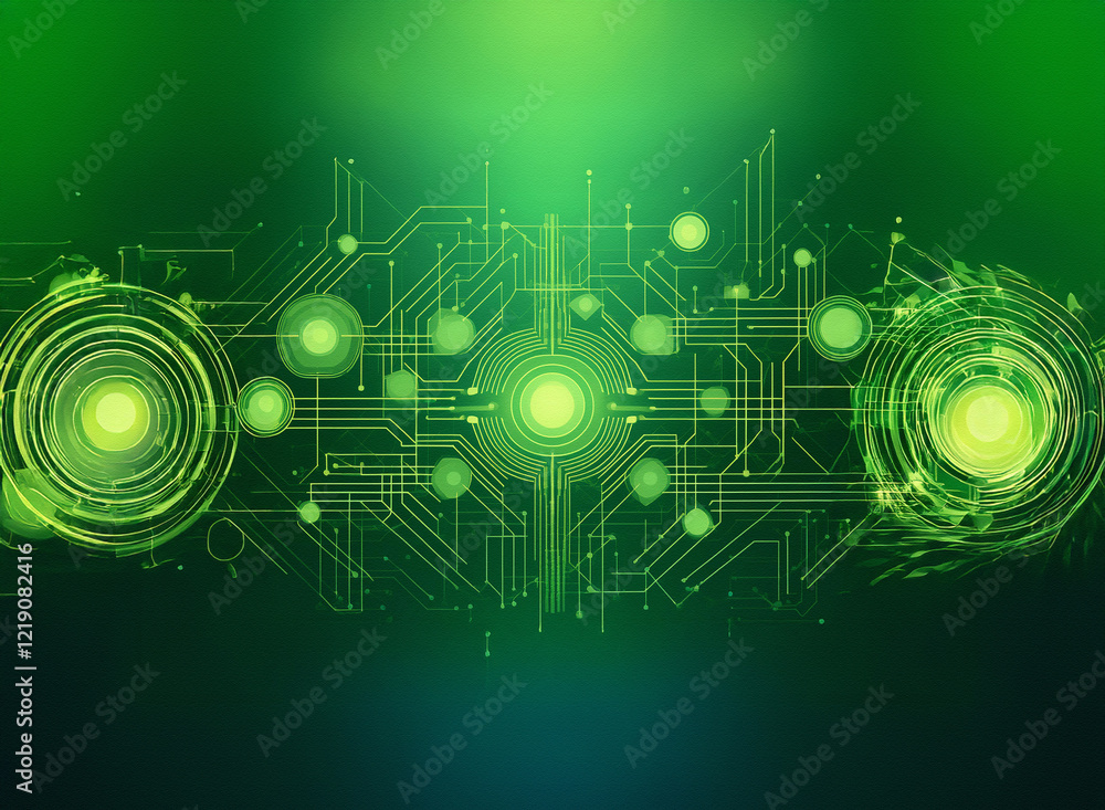 Poster Abstract digital artwork depicting a futuristic circuit board with glowing green nodes and interconnected pathways.  The design suggests technological innovation and connectivity.