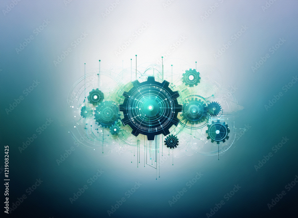 Aufkleber Abstract teal and green gears interlock, symbolizing complex machinery and technological innovation within a blurred background.  The image evokes a sense of intricate systems and progress.