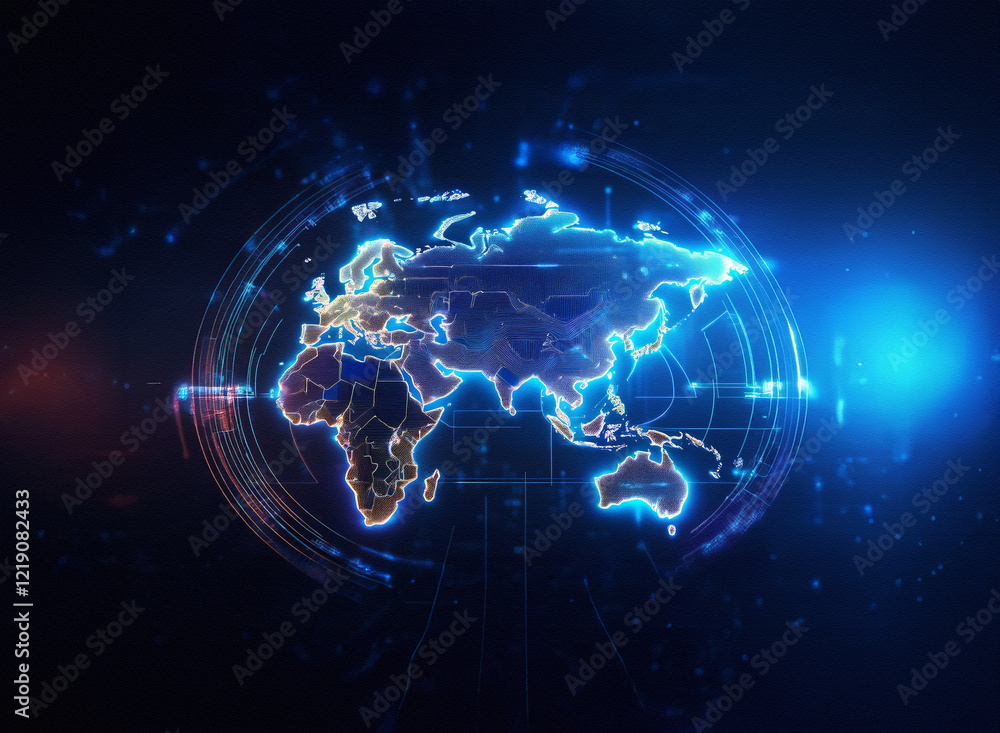 Poster glowing digital world map, encircled by futuristic hud elements. represents global network, data flo