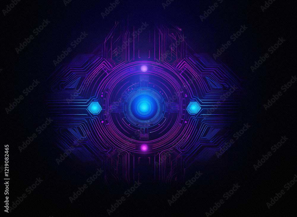 Poster a futuristic, glowing orb at the center of a complex, circuit-like design. purple and blue hues illu