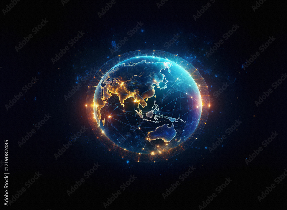 Aufkleber a glowing, digital rendering of earth, showcasing interconnected continents with vibrant light trail