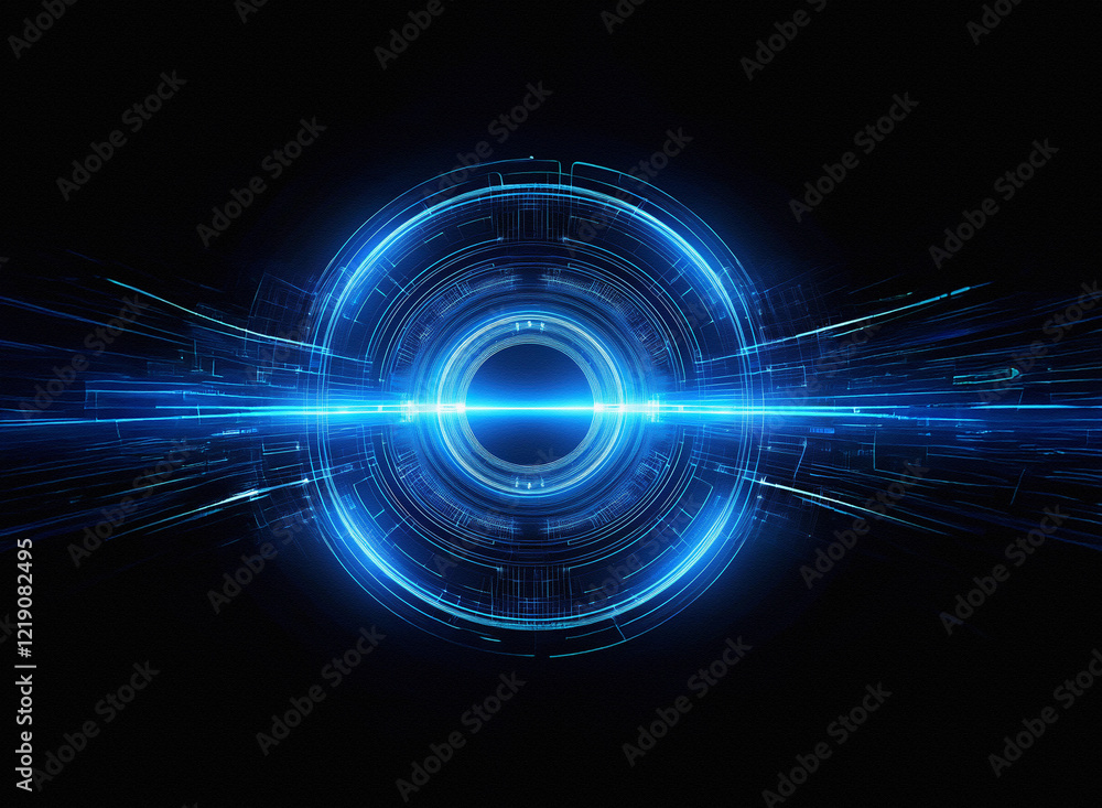 Poster abstract digital artwork featuring a glowing blue circular interface, radiating energy and technolog