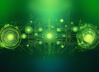 Fototapeta premium Abstract digital artwork depicting a futuristic circuit board with glowing green nodes and interconnected pathways. The design suggests technological innovation and connectivity.