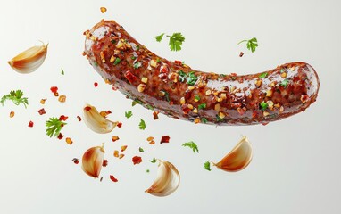 A spicy beef sausage mid-air with a fiery chili-garlic sauce wave, paired with floating roasted garlic cloves and cilantro, on a clean white backdrop