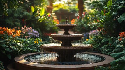 A serene three-tiered fountain surrounded by lush greenery and vibrant flowers.