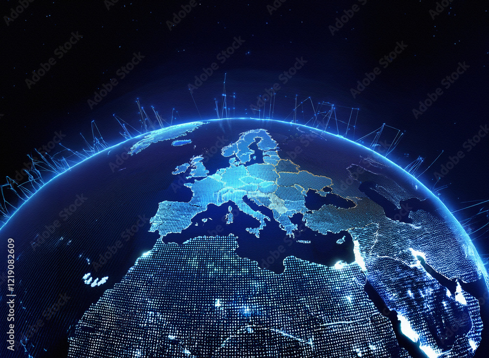 Poster a glowing digital representation of europe at night, illuminated with bright blue lines connecting c