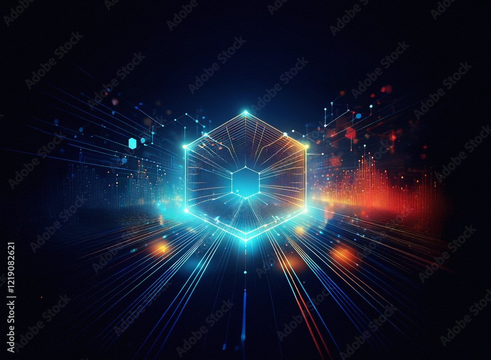 Aufkleber A glowing hexagonal structure, composed of interconnected lines of light, sits at the center of a dark, abstract background.  Energy streams radiate outward, creating a sense of motion and depth.  The