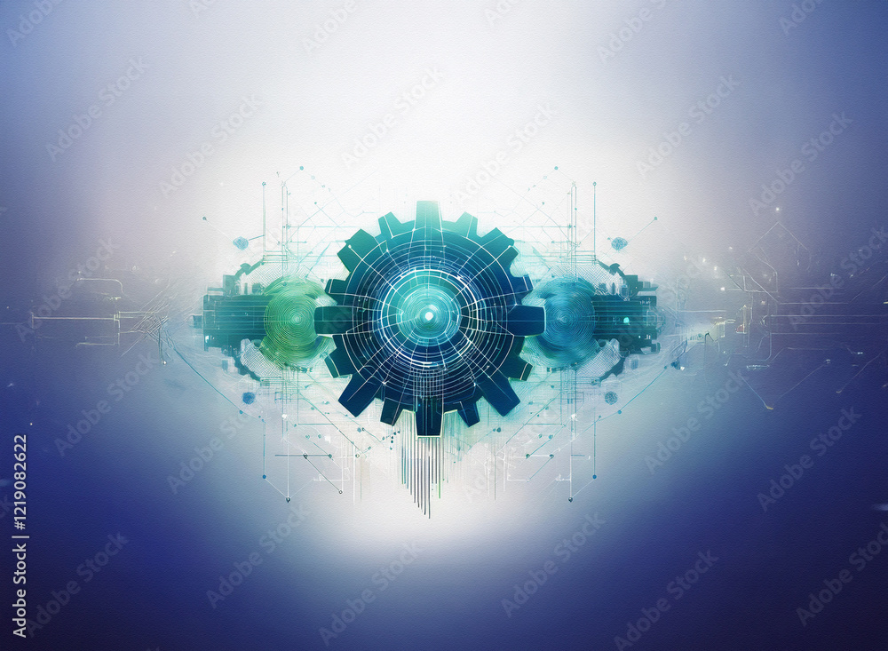 Aufkleber abstract digital artwork depicting a teal and black gear surrounded by glowing orbs and geometric li