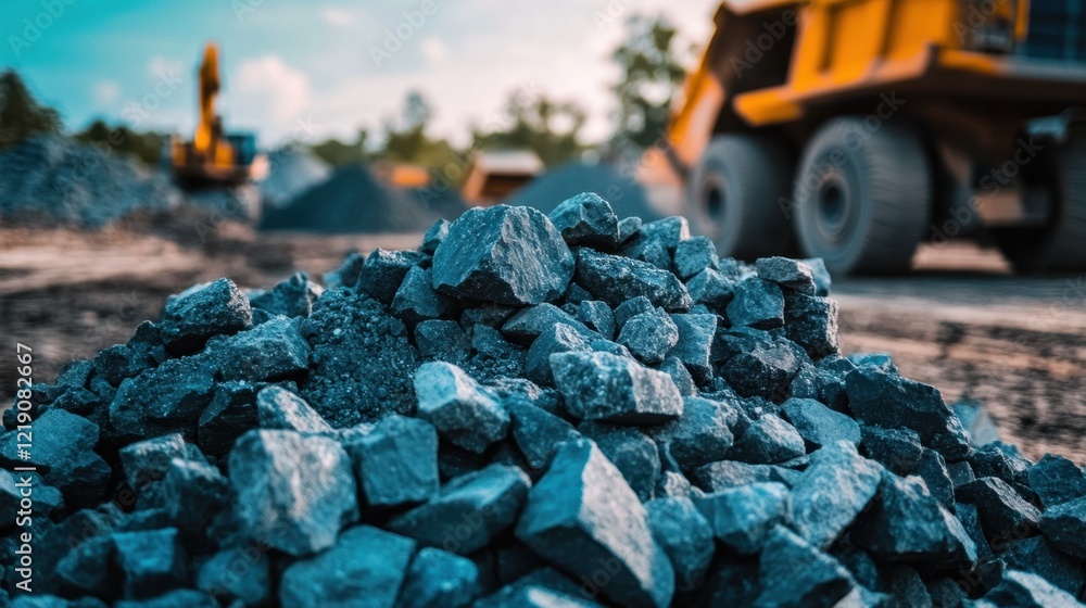 Poster a detailed view of crushed stone aggregates piled high on an open mining site.
