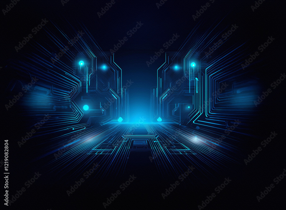 Poster abstract digital art depicting a futuristic, symmetrical, glowing circuit board pathway leading to a