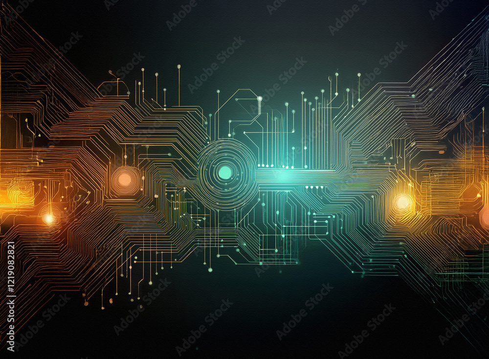 Aufkleber abstract digital circuitry glows with teal, orange, and gold hues. complex network of interconnected