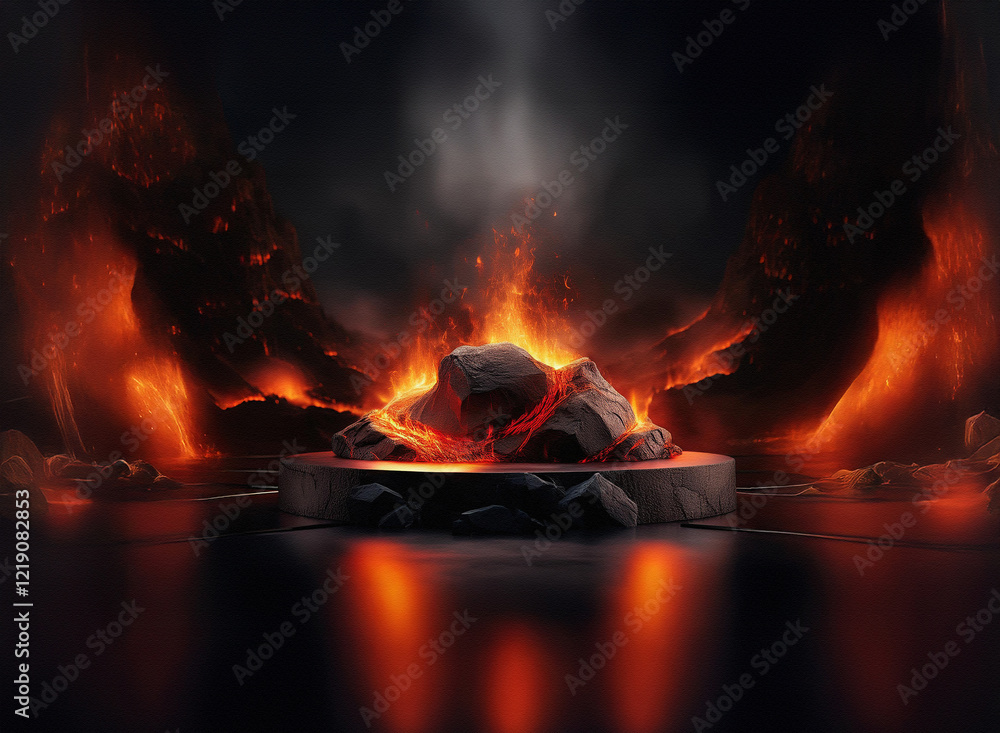 Poster fiery rocks on a dark stone platform, surrounded by glowing lava flows and ominous smoke, creating a