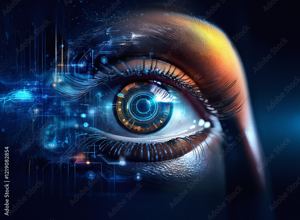 Fototapete a close-up of a human eye, technologically augmented, showcasing a blend of organic and digital elem