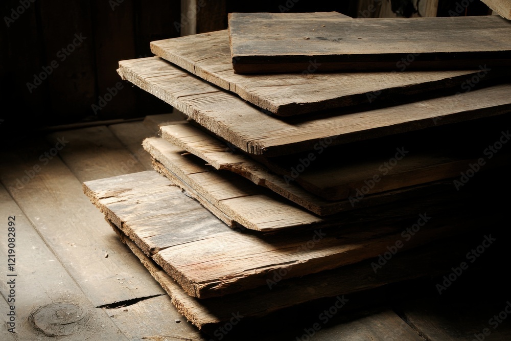 Poster stacked wooden planks in dim light with rustic textures showcasing natural patterns and warm tones f