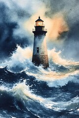 A watercolor painting depicting a majestic lighthouse standing strong against a turbulent sea during a stormy sunset.