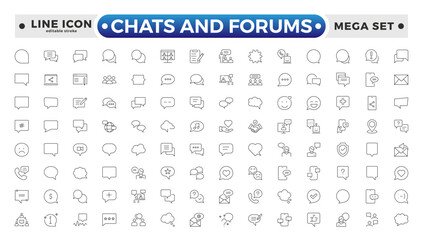 Chats and Forums icon.Approved, Checkmark box and Social media message. Chat and quote line icons. Chat speech bubble, Tick or check mark, Comment quote icons. Editable stroke outline icon. 