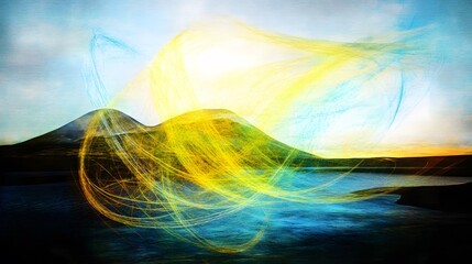 Abstract Landscape, Vibrant Energy Over Mountains and Lake