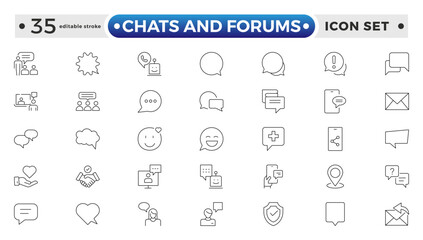 Chats and Forums icon.Approved, Checkmark box and Social media message. Chat and quote line icons. Chat speech bubble, Tick or check mark, Comment quote icons. Editable stroke outline icon. 