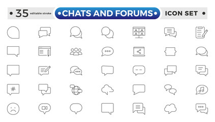 Chats and Forums icon.Approved, Checkmark box and Social media message. Chat and quote line icons. Chat speech bubble, Tick or check mark, Comment quote icons. Editable stroke outline icon. 