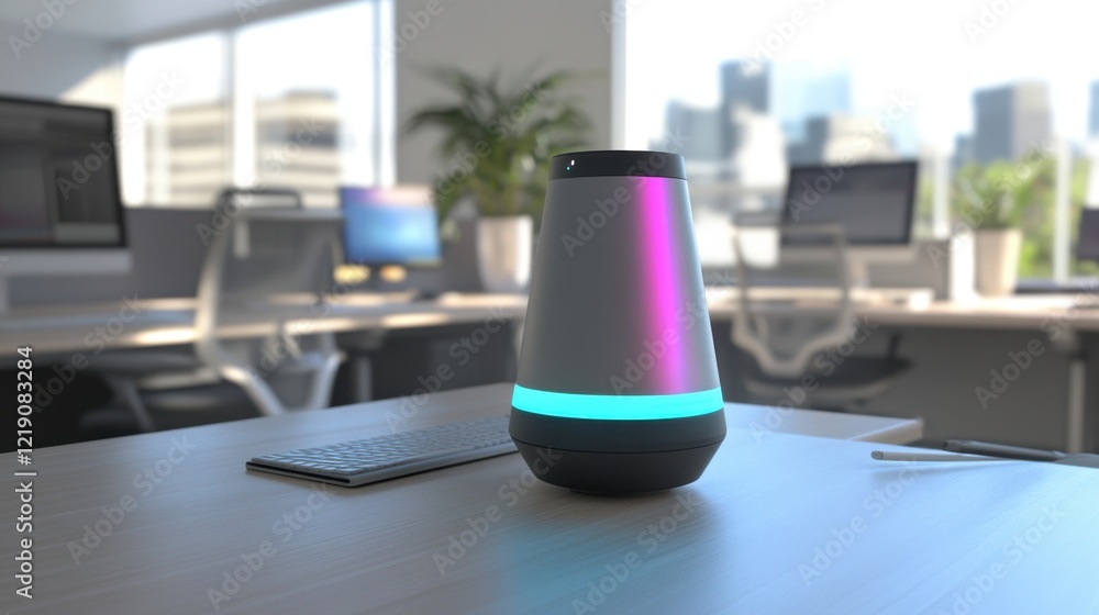 Poster a digital assistant device emitting a soft light in a smart office setting.