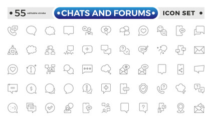 Chats and Forums icon.Approved, Checkmark box and Social media message. Chat and quote line icons. Chat speech bubble, Tick or check mark, Comment quote icons. Editable stroke outline icon. 