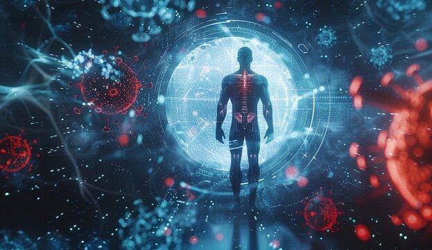 A digital rendering of a human figure standing before a glowing portal, surrounded by microscopic particles. The image is rich in cool blue and warm red tones, creating a dramatic contrast. - Powered by Adobe