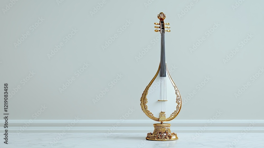 Poster elegant lyre instrument displayed on a golden stand in a minimalistic light background