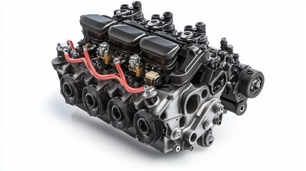 A close-up of an engine intake manifold with fuel injectors and throttle body on a white isolated background