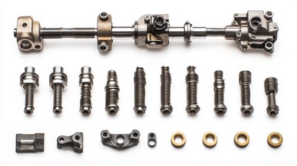 Obraz premium A set of engine components including a valve lifter, camshaft, and rocker arms on a white isolated background