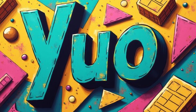 The image features the word Yuo in striking 3D letters, adorned with a lively palette of turquoise, pink, and yellow. Surrounding the text are various geometric shapes, including cubes and triangles