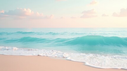 Obraz premium Serene Coastal Scene Soft Pastel Hues of Ocean Wave Gently Rolling onto a Sandy Shore at Dawn