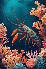 A vibrant underwater scene featuring a large lobster feasting on a colorful coral reef, surrounded by various marine life.