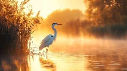 Naklejka premium A serene sunset scene featuring a white heron wading through shallow water near tall grasses.