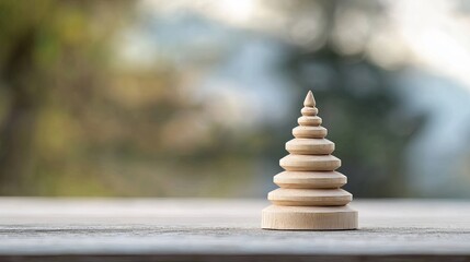 Obraz premium Miniature Wooden Stupa with Delicate Carvings in Natural Outdoor Setting
