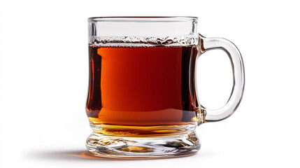 Dark amber beverage in a clear glass mug resting on a table