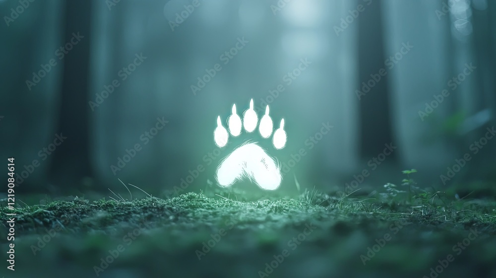 Poster ethereal glowing bear pawprint in a mystical forest setting surrounded by fog and faint light
