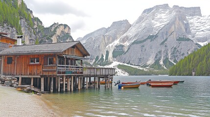 Naklejka premium Picturesque Wooden Lake House nestled amidst majestic Dolomites Mountains, Italy