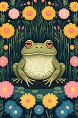  A whimsical illustration of a toad sitting amidst a bed of colorful flowers and lush foliage.