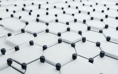 A white background with a simple hexagon pattern, connected by black dots, symbolizing the interconnectedness of digital networks and data flow in technology