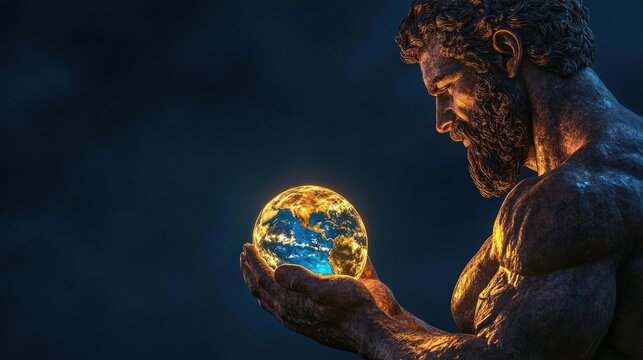 Atlas, the Greek God, Holding Planet Earth in His Hands Against Dark Sky Backdrop - Majestic Statue of a Handsome, Muscular Man